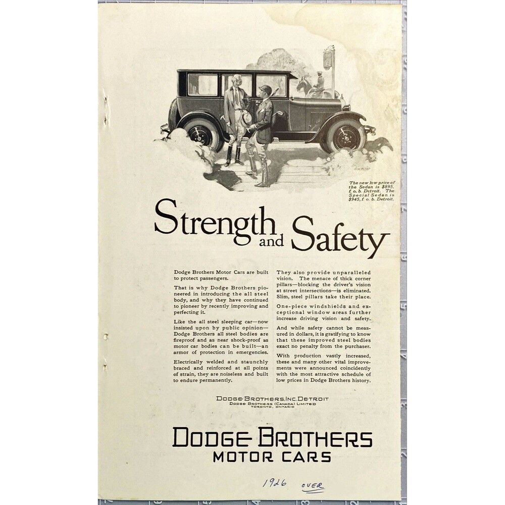 Dodge Brothers Motor Cars Inc.  "Strength and Safety" Vintage Print Ad 1926